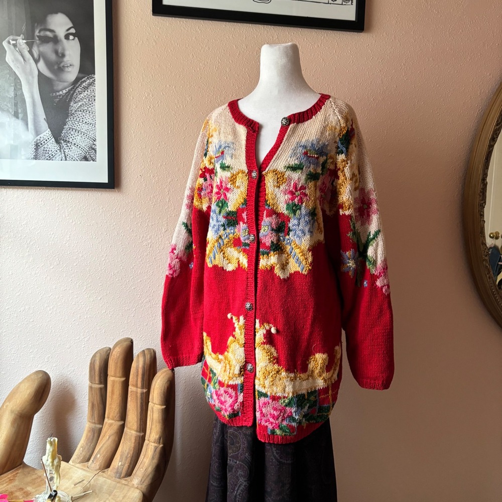 Vintage 80s / 90s Cottagecore Slouchy Oversized Hand Knit Cardigan - Picture 1 of 7